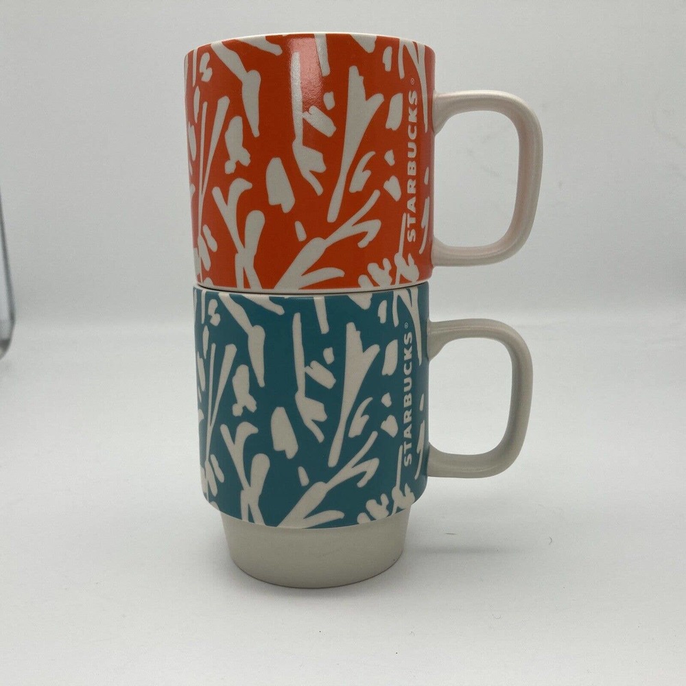 Starbucks Stackable Set of Blue and Orange Spring Floral Coffee Mugs (2) - 2016